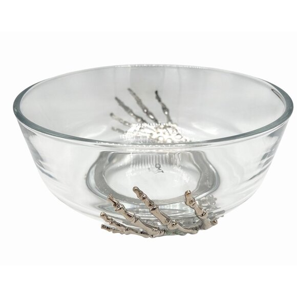 NWT TMD SILVER METAL SKELETON HANDS FOOTED GLASS BOWL HALLOWEEN GOTHIC CANDY - Picture 2 of 4
